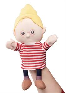 Kind met blond knotje, bril en streepjesshirt (handpop)