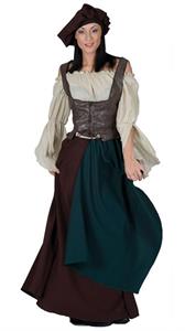 Middeleeuwse boerinkostuum met bruin lijfje, rok en mutsje (3-delig) (kleding volwassene)