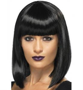 Pruik halflang zwart met pony (pruik)