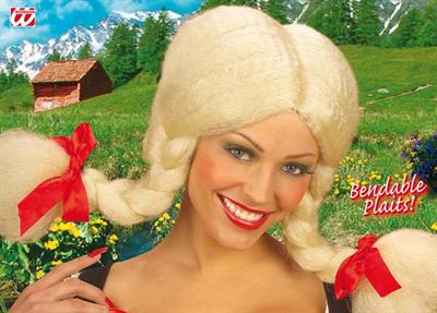 Blonde pruik met buigbare vlechten en rode strikjes (pruik)