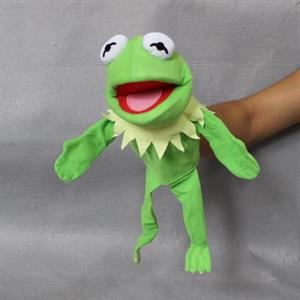 Kikker met pootjes en gele kartelkraag (handpop)