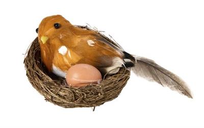 Klein bruin vogeltje in nestje met ei (attribuut)